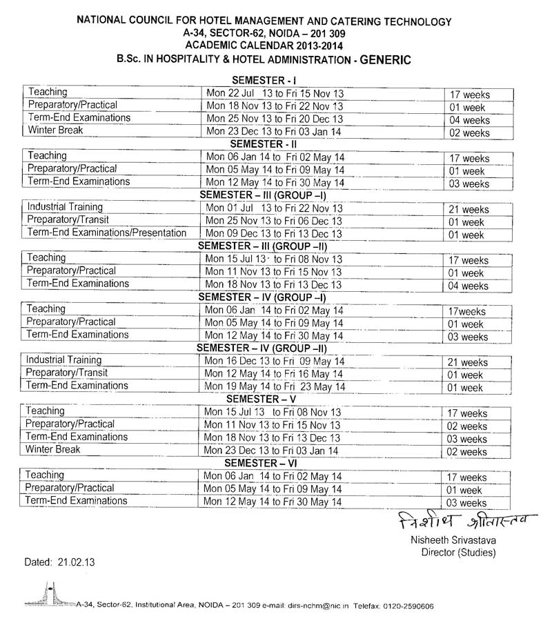 Academic calendar 20122013, State Institute Hospitality Management
